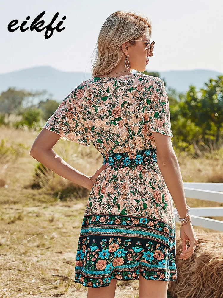 Long Summer Dresses With Short Sleeves V-neck Summer Dress Women Floral Maxi  Dress, V-Neck