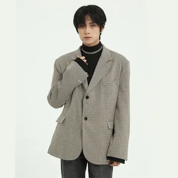 

Male Japan Korea Streetwear Fashion Loose Blazer Jacket Outerwear Men Vintage Plaid Casual Suit Coat Overcoat