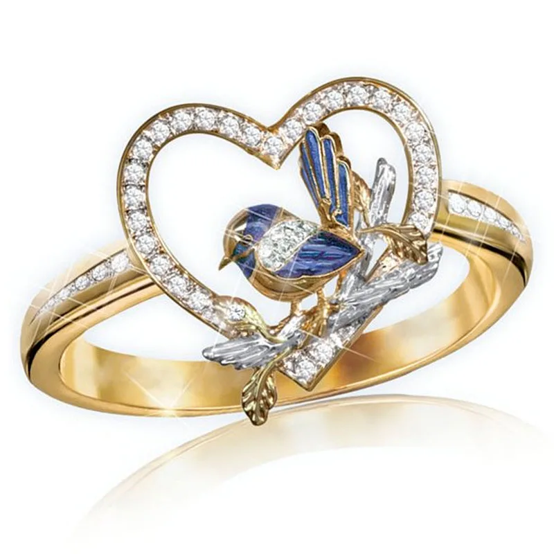 

Creative Enamel Bird Sparrow Rings For Women Unique Gold Color Heart Shape Inlay Zirconia Rings Anniversary Jewelry Gifts Z4M377
