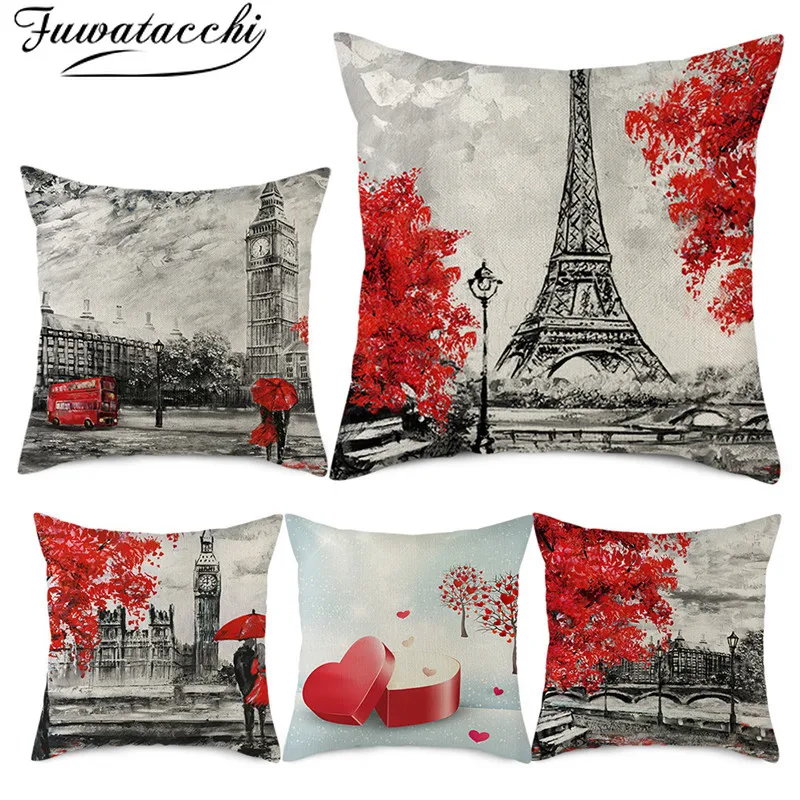 

Fuwatacchi Pure Linen Cushion Cover Red Love Pattern Pillow Cover for Home Chair Sofa and Car Decorative Pillowcases 45x45 Cm