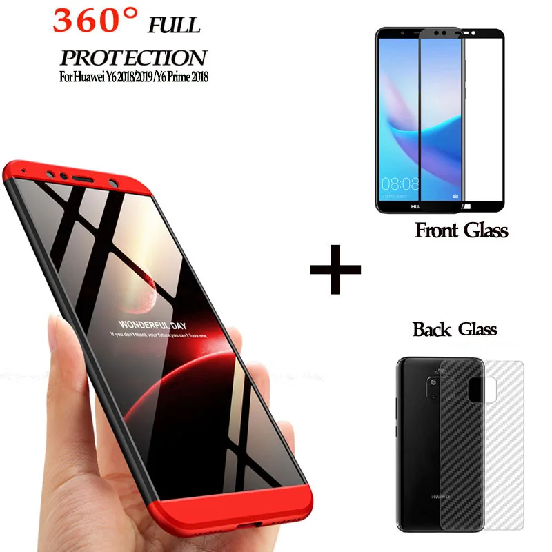 360 Protection Front + Back Glass Case for huawei y6 2019 Hard Armor case prime 2018 phone cover y 6 |