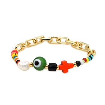 

GO2BOHO Christian Bracelets For Women Evil Eye Lucky Bracelet Pulseras Moda Pearl Cross Handmade Stainless Steel Chain Jewelry