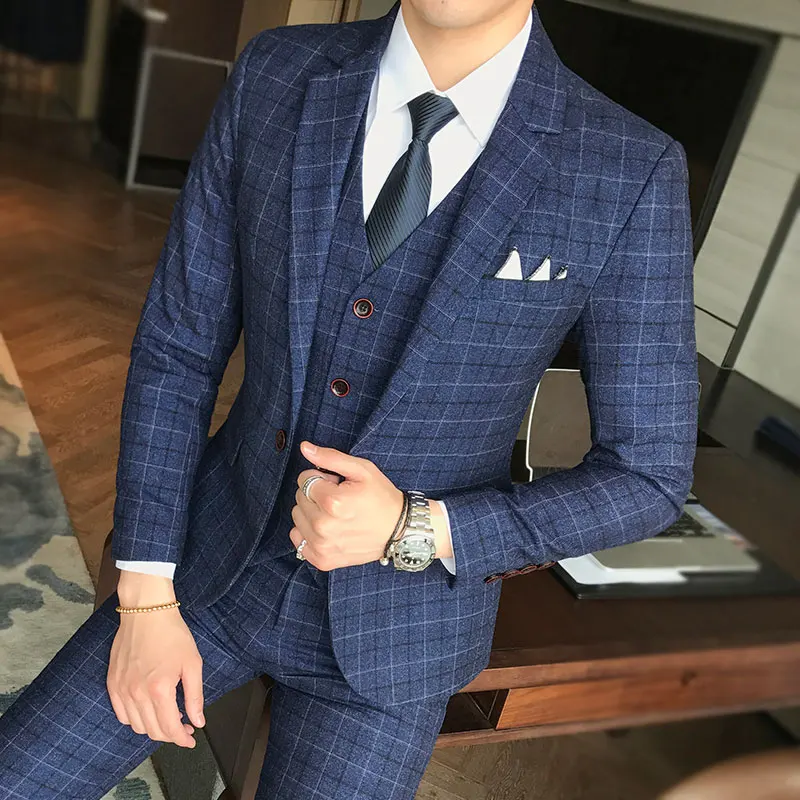 Luxe mannen Pak 3 Stuk Fashion Boutique Plaid Bruiloft Business Casual Grote Maat mannen Blazer Wedding Banquet Party jurk Set Luxe mannen Pak 3 Stuk Fashion Boutique Plaid Bruiloft Business Casual Grote Maat mannen Blazer Wedding Banquet Party jurk Set