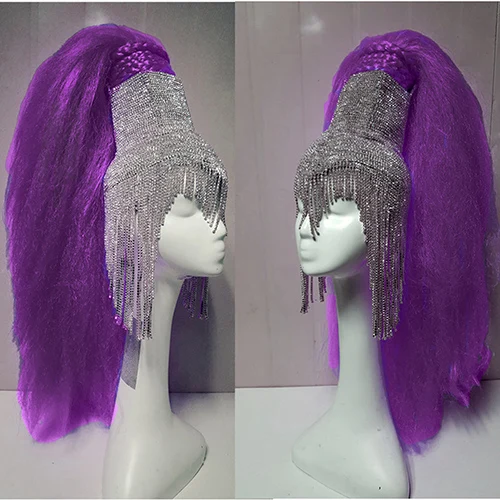 Голографическая горящий человек блестящие стразы парик головной убор части головы рейв сценический танцор Dj певица одежда шляпа с кисточкой костюмы - Цвет: Purple Wig