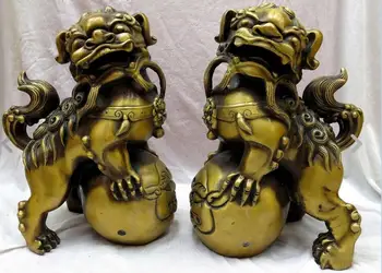 

zhmui8800626564+<<+13" China brass copper guard Foo Dogs Lions play bead Pair Sculpture Statues