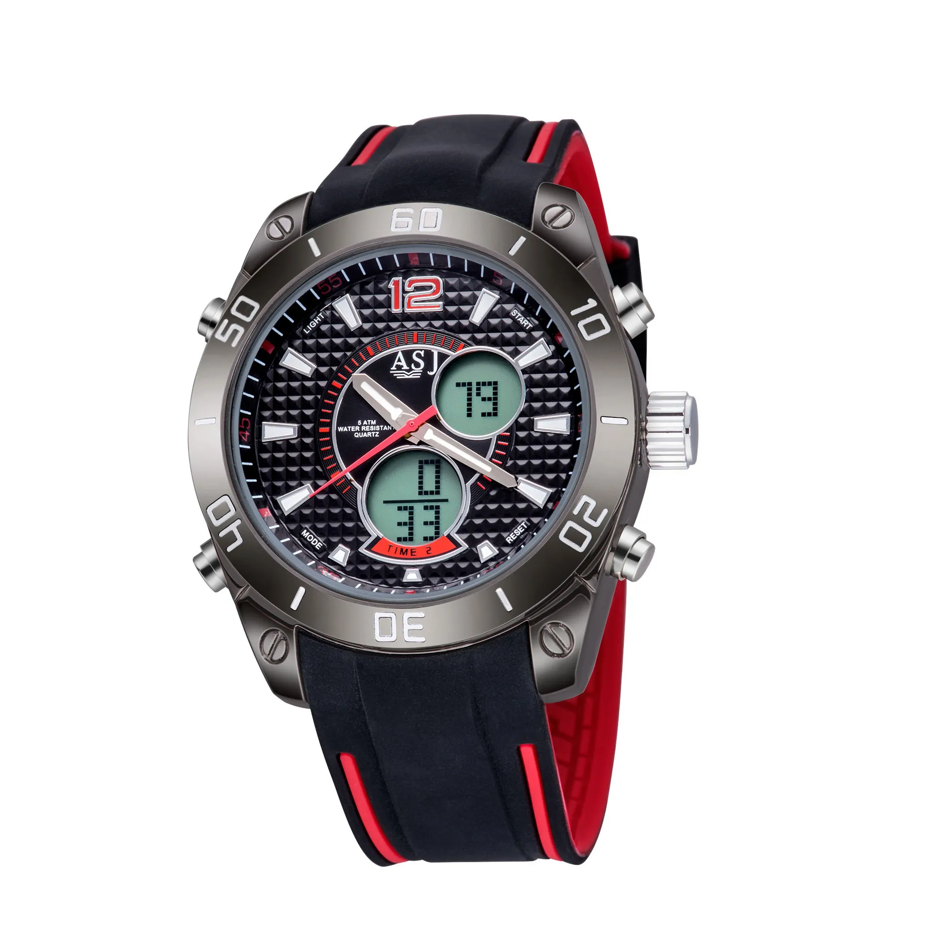 

ASJ Watch Multi-functional Waterproof B117 Dual Display Silica Gel Dial Date Seconds Night Light Hands