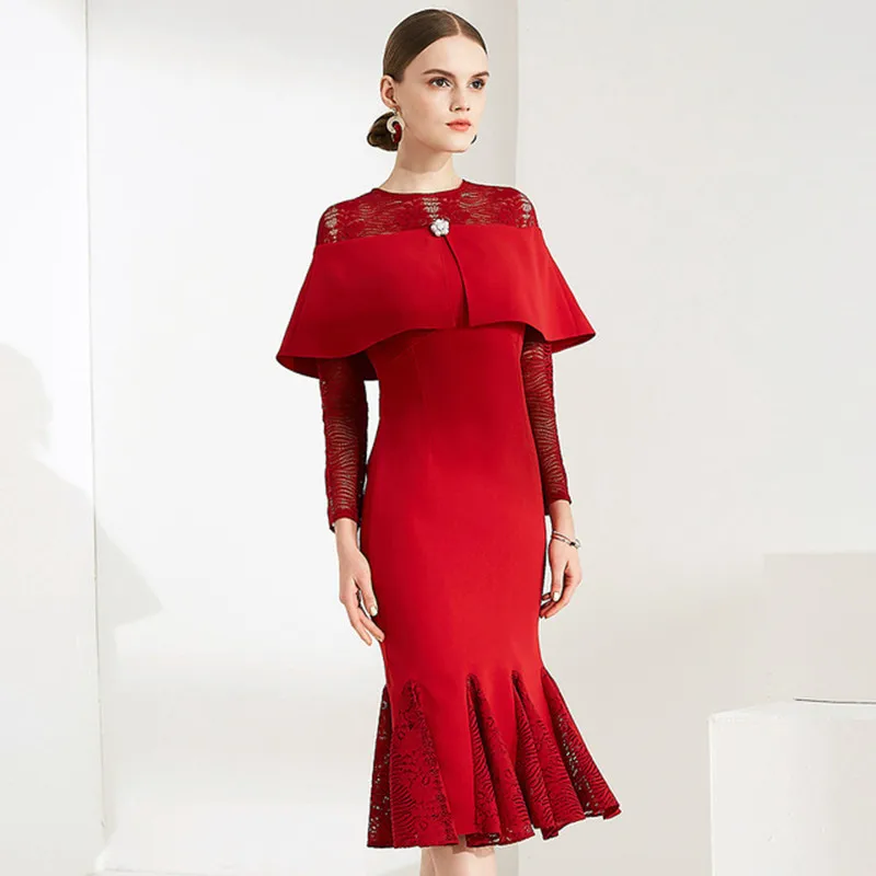 

Lace Patchwork Vintage Runway Designer Luxury Dress Ladies Plus Size Slim Red High Quality 2019 New Fashion Autumn Dresses Women