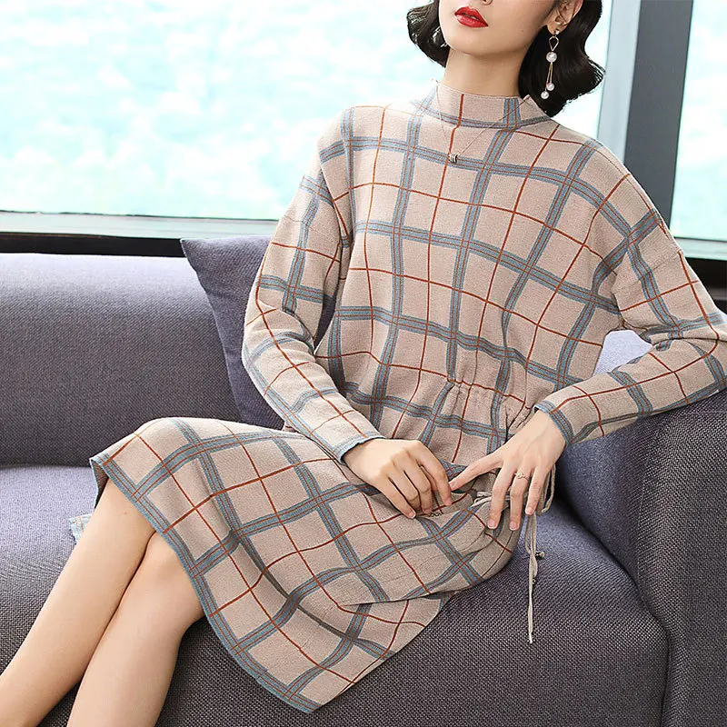 

Fashion Plaid Dress WOMEN'S Dress 2018 Autumn Clothing New Style Loose-Fit Stand Collar Long Sleeve Mid-length Jersey Dress