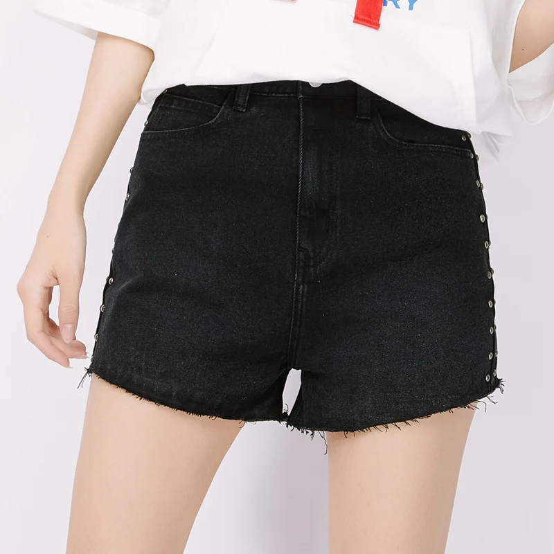 LEIJIJEANS, новинка, большой размер, женские летние черные джинсовые шорты, с боковой пуговицей, модные, для школьниц, большой размер, джинсовые шорты