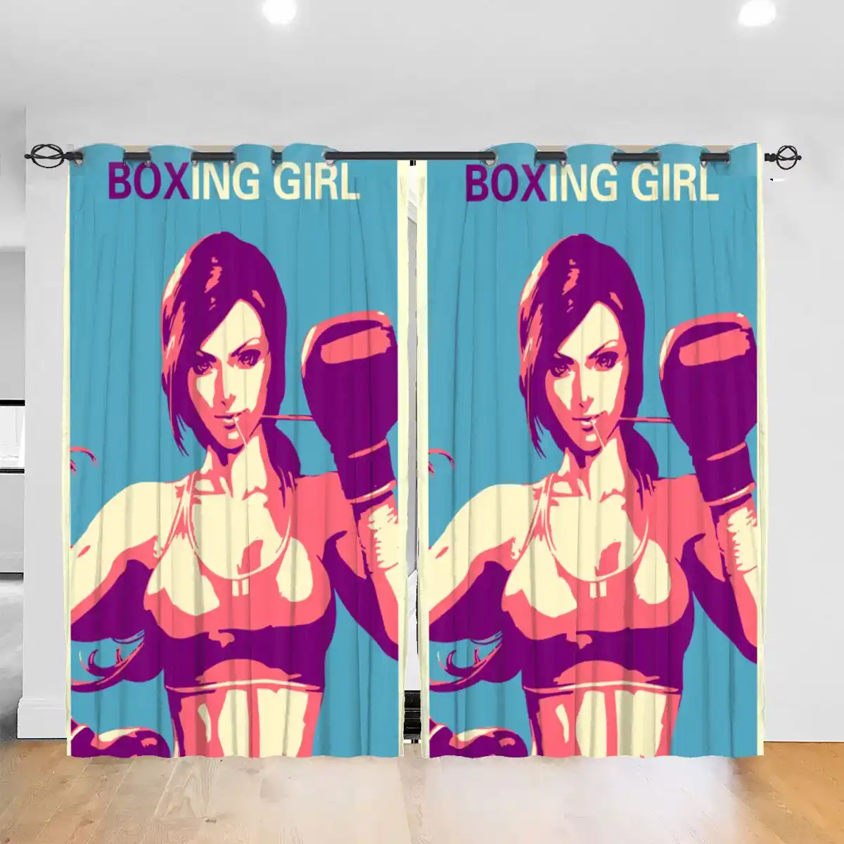 Living Room Sun Block Curtain Self Made Boxing Gloves Girl Tattoo