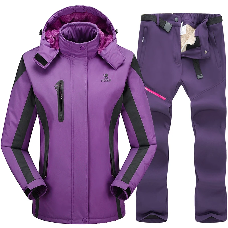 Лыжный костюм для женщин, лыжная куртка, брюки, водонепроницаемая походная Лыжная и Сноубордическая куртка, комплекты зимней спортивной одежды из флиса - Цвет: Purple