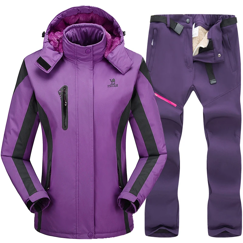Purple Лыжный костюм для женщин, лыжная куртка, брюки, водонепроницаемая походная Лыжная и Сноубордическая куртка, комплекты зимней спортивной одежды из флиса - Цвет: Purple