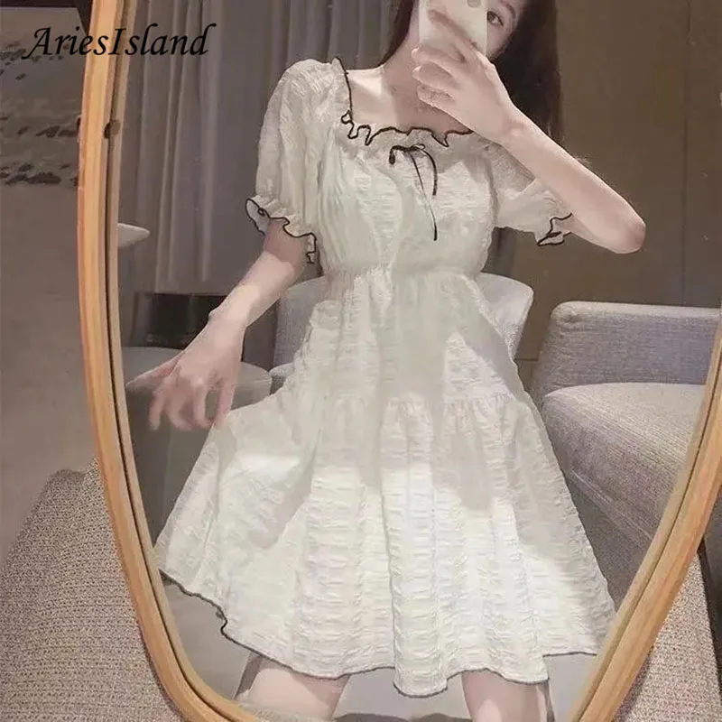 Summer dress Chiffon French Puff sleeve Casual Dresses for women 2021 Kawaii Office Party  Midi dress Korean Elegant Clothing