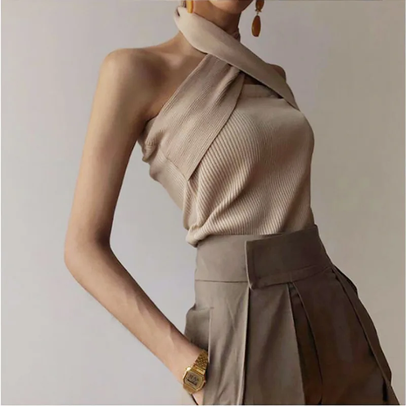 Женский топ с лямкой на шее Haute Couture стильные майки цвета хаки летняя пикантная