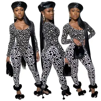 

Two Piece Set Top and Pants Women Clothes Sexy Dot Print Long Sleeve Bodysuit 2 Piece Set Casual Womens Clothing
