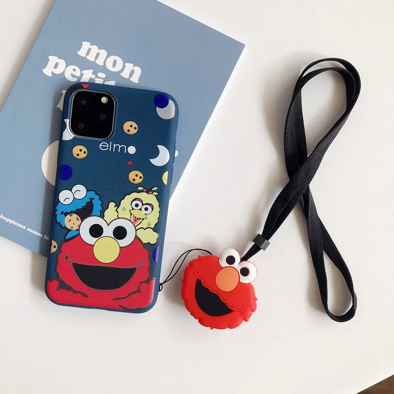 New Sesame street Silicone TPU Phone Case For iPhone 11 Pro Max Xs Max XR For iPhone 6 7 8 Plus Elmo Back Cover Case+Lanyard