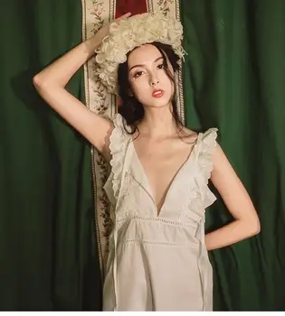 

Ladies Summer Fresh Princess Style Sleepwear Thin Lace Sexy Sling Solid Color Halter Casual Home Service Cotton Mini Nightdress