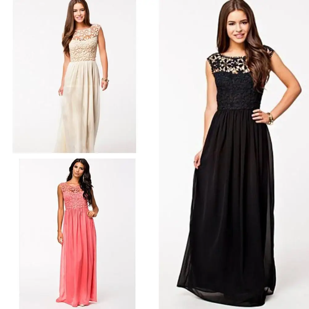 

Yfashion Hallow Lace Mesh Stitching Long Dress Evening Party Female Dress