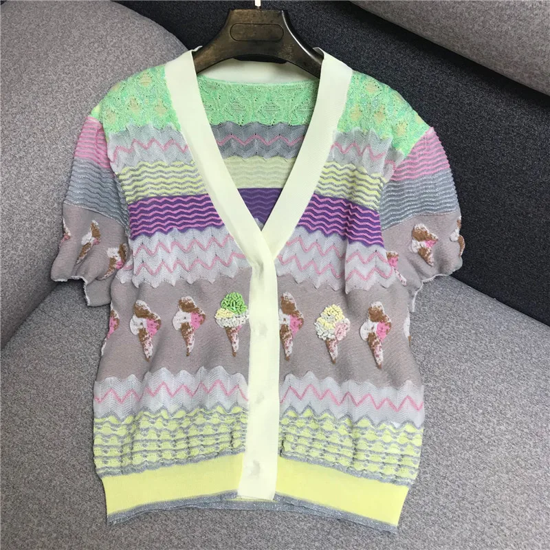 

High-End Summer Color Ice Cream Machine Embroidery Beaded V-neck Knitted Short-Sleeved Shirt Cardigan Thin Knit Blusas Women