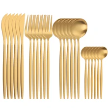 Lingeafey Matte Golden Cutlery Set 24Pcs Forks Knives Spoons Stainless Steel Cutlery Set Home Kitchen Tableware Set Dinnerware