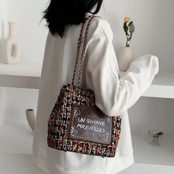 

Bucket Woven Women Bag Fashion Ladies Wool letter Chain Handbag Messenger Shoulder Female Bag Crossbody Luxury Handbags Designer