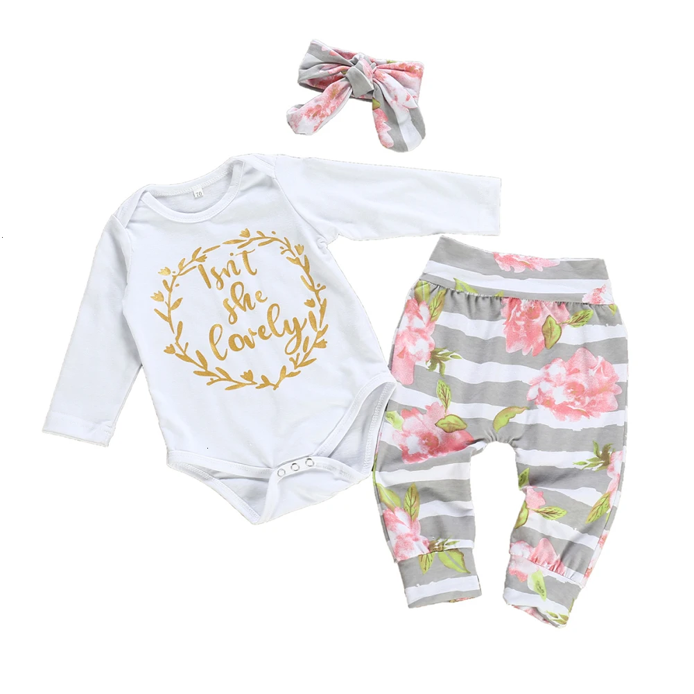 Newborn Baby Girls Clothes Romper+flower Leggings Pants+headband Outfits 0-24m