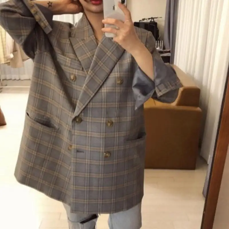 

Spring Autumn New Style Loose Sense of Design Retro Mid-length Plaid Small Suit OVERSIZE Plaid Blazer Women's Coat