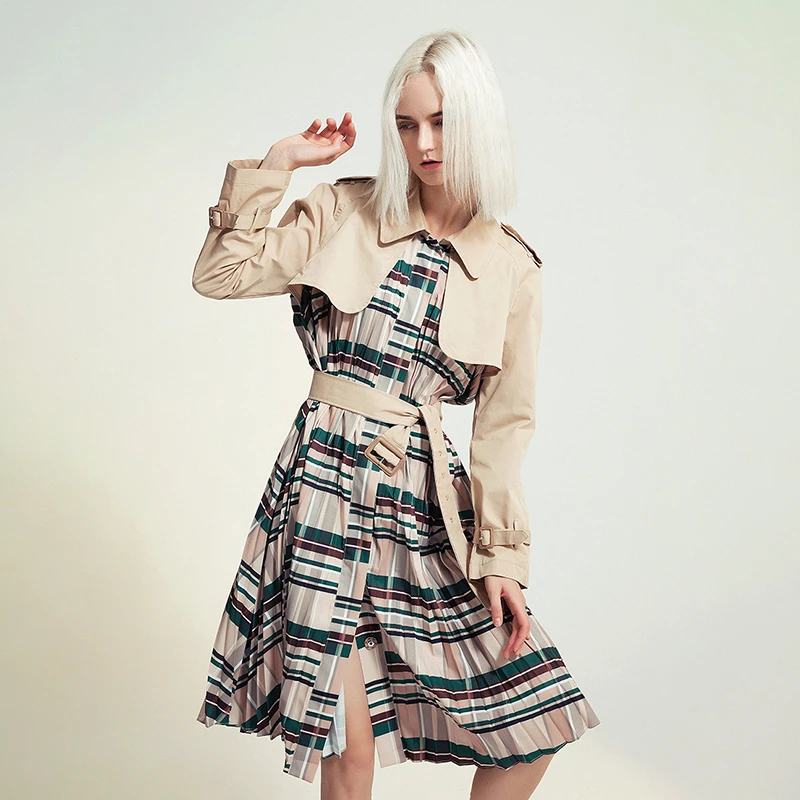 Patchwork Plaid Women's Windbreaker Lapel Collar Long Sleeve High Waist With Sashes Coat Female Autumn Fashion 45