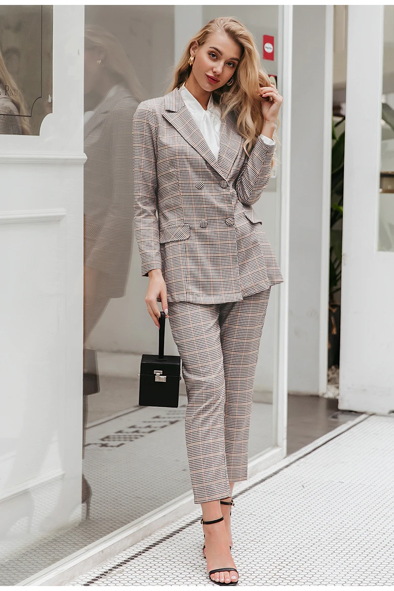 Simplee Office ladies plaid blazer suit Double breasted pockets female blazer pants set Streetwear elegant women blazer set stylish pant suits