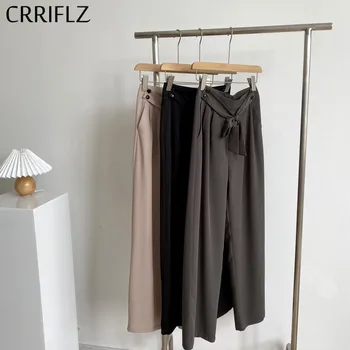 

CRRIFLZ 2020 New Lace Up Full Length Pant Women Casual Loose Wide Leg Trousers