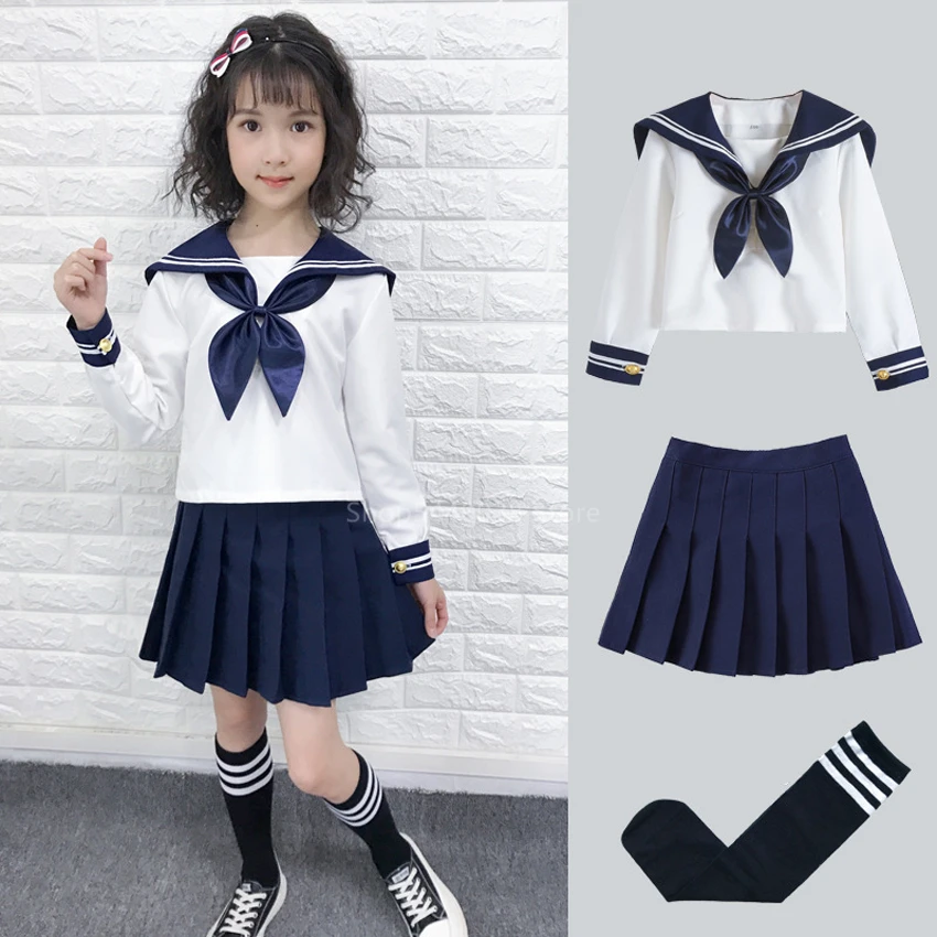 Kid JK Sailor Dress 4PCS Girl Japanese Korean Orthodox School Uniform Pleated Skirt Navy Long Short Sleeve Kawaii Suit Anime COS