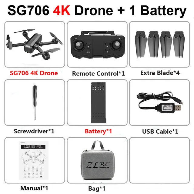 Дрон SG706 4K с двойной ESC камерой 50x зум WiFi FPV оптический поток Профессиональный Дрон RC вертолет Квадрокоптер RTF VS SG907 - Цвет: 4K Bag 1B