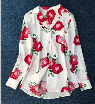 

Women 100% Silk Shirts Long Sleeve Rose Vintage Summer Casual Blouse