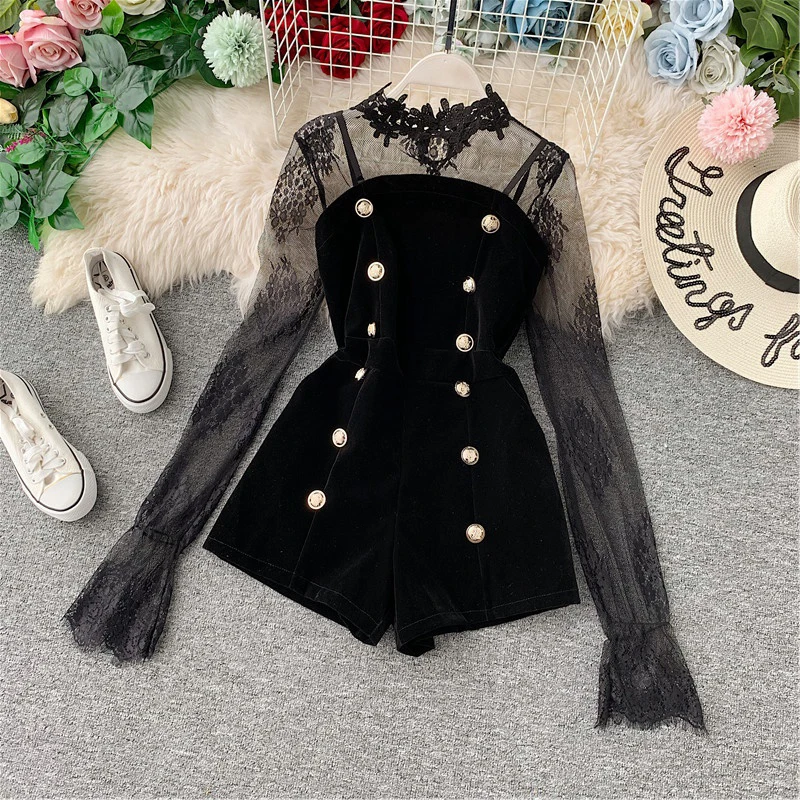 

Goddess 2piece Suit Women Lace Embroidery Mesh Shirt + Golden Velvet Double-breasted Shorts Two-piece Suit Girls Ladies Sets