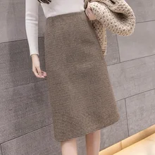 

New Autumn Winter Women Woolen Skirt Elegant Fashion Knee-Length High Waist Solid Color All-match Slim Pack Hip Plaid Skirt