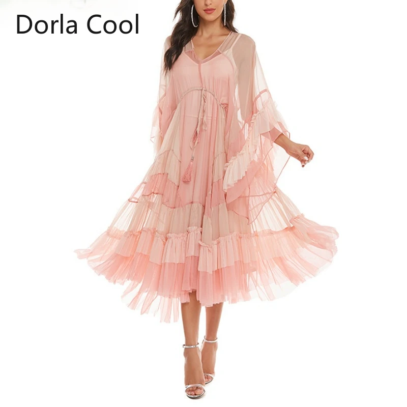 

High Quality Women Maxi Long Beach Dress Two pieces Bohemia Loose Sundress 2021 Summer Female Party Ruffles Irregular Vestidos