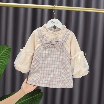 

Winter Thick Fleece Children Kids Lantern Sleeve Patchwork Mesh Plaid Bow Princess Party A Line Girls Cute Dress Vestidos