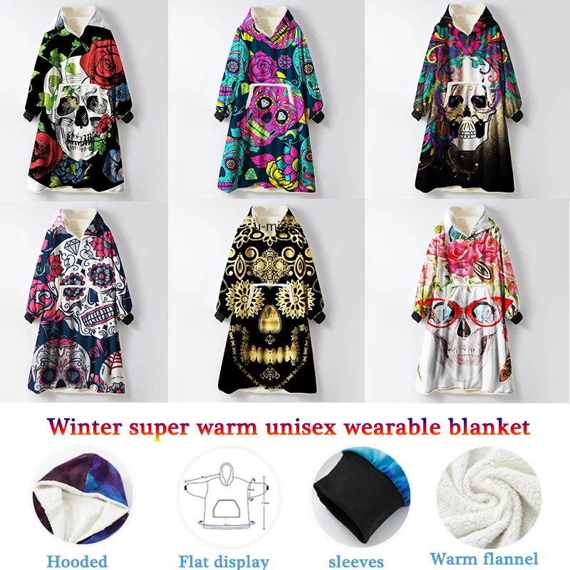

3d Sugarskull Hooded Blanket Ute Matryoshka Wearable Blanket with Sleeves Winter Warm Outdoor Warm Jacket Sherpa Throw Blankets