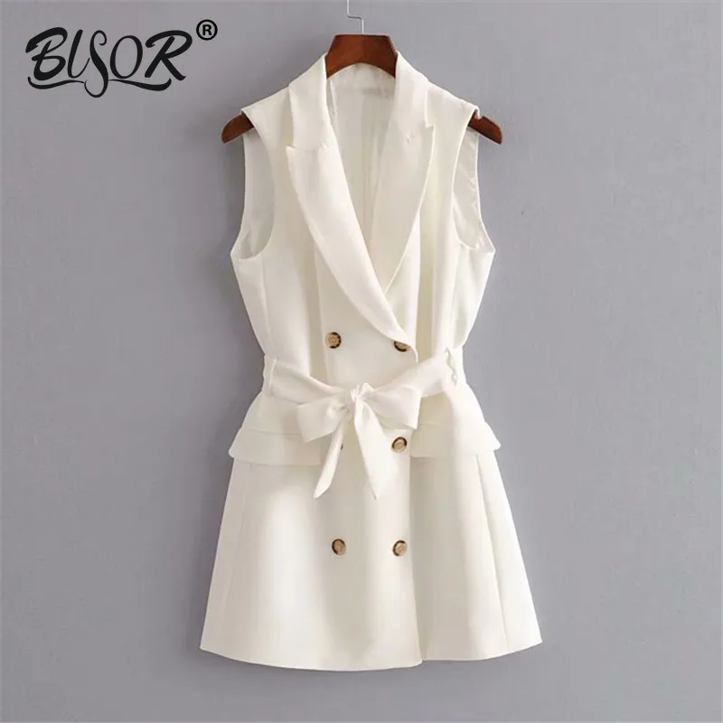 

Women style white sleeveless vests jacket pockets decorate sashes WaistCoat female casual safari style outerwear