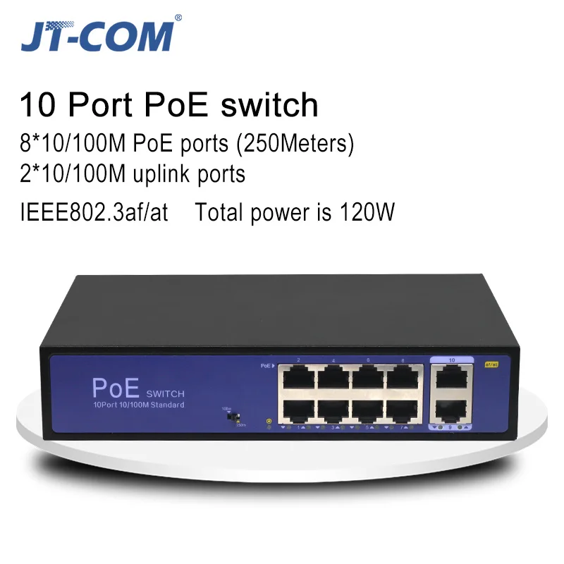 Сетевой коммутатор POE 48 В Ethernet с портами 10/100/1000 Мбит / с 5/6/8/10 IEEE 802.3af / at Подходит для IP-камер / беспроводных систем AP / камер видеонаблюдения с адаптером питания 100 Вт - Цвет: 8PE2E 120W 250m