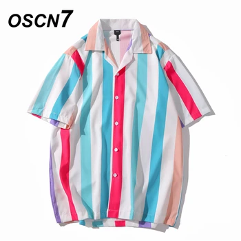 

OSCN7 Casual Stripe Printed Short Sleeve Shirt Men Street 2020 Hawaii Beach Oversize Women Fashion Harujuku Shirts for Men XQ103