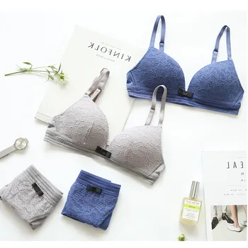 

2020 Wirefree Bra Set Japanese And Korean Adorable Girls hot sale Thin Padded Triangle Cup Fashion Comfortable Sexy Lace Bra Set