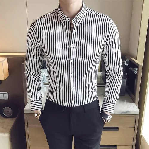 Slim Fit городской стиль мужская полосатая рубашка Модная хлопковая городская мода - Цвет: Белый