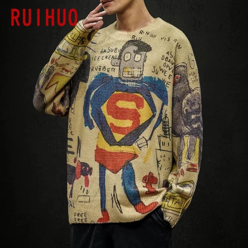 RUIHUO 2020 осень зима принт Супермена вязаный свитер для мужчин одежда пуловер и на