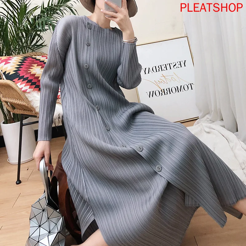 

Miyake Pleated Long dress 2020 Spring Loose Style Slimming Elasticity Large GIRL'S Large Size Western Style Long-sleeved Dress