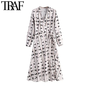 

TRAF Women Chic Fashion Animal Print Bow Tie Sashes Midi Dress Vintage V Neck Long Sleeve Female Dresses Casual Vestidos Mujer