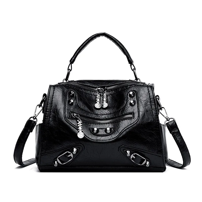 Роскошные сумки женские сумки высокого качества с заклепками винтажные кожаные дизайнерские сумки через плечо для женщин сумка на плечо женская сумочка - Цвет: Black