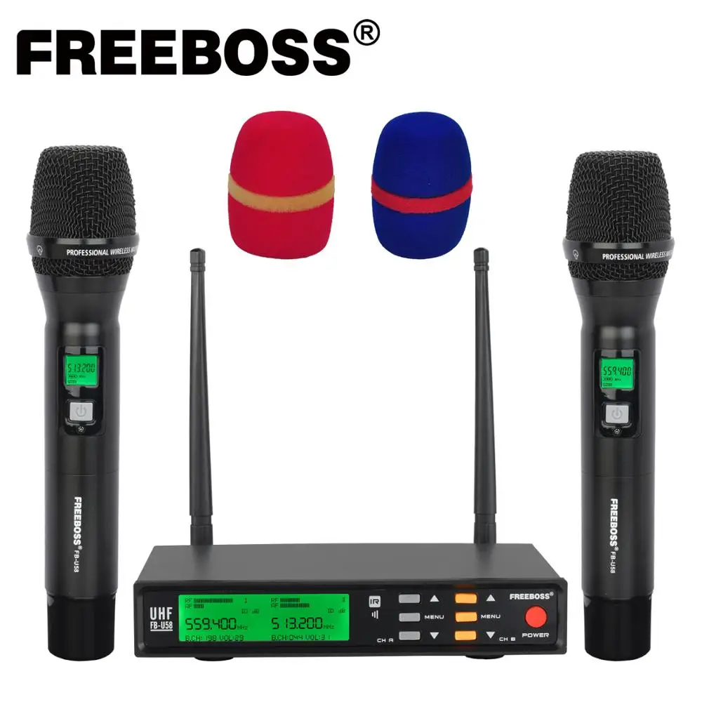 

Freeboss FB-U58 UHF 2*200 Adjustable Frequency Metal handheld LCD Screen Smart Option ECHO and EQ effec Microphone System for DJ