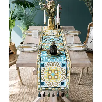 

DUNXDECO Tassel Table Runner Party Long Table Cover Fabric Modern Luxury Blue Floret Brick Print Desk Decorating Textile