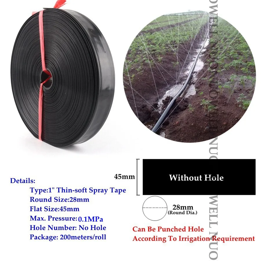 200 м/рулон 0~ 5 отверстий " Φ28 мм тонкая-мягкая распылительная лента сельскохозяйственный оросительный шланг спринклерная ферма газон полив труба - Цвет: 0 Hole Tape
